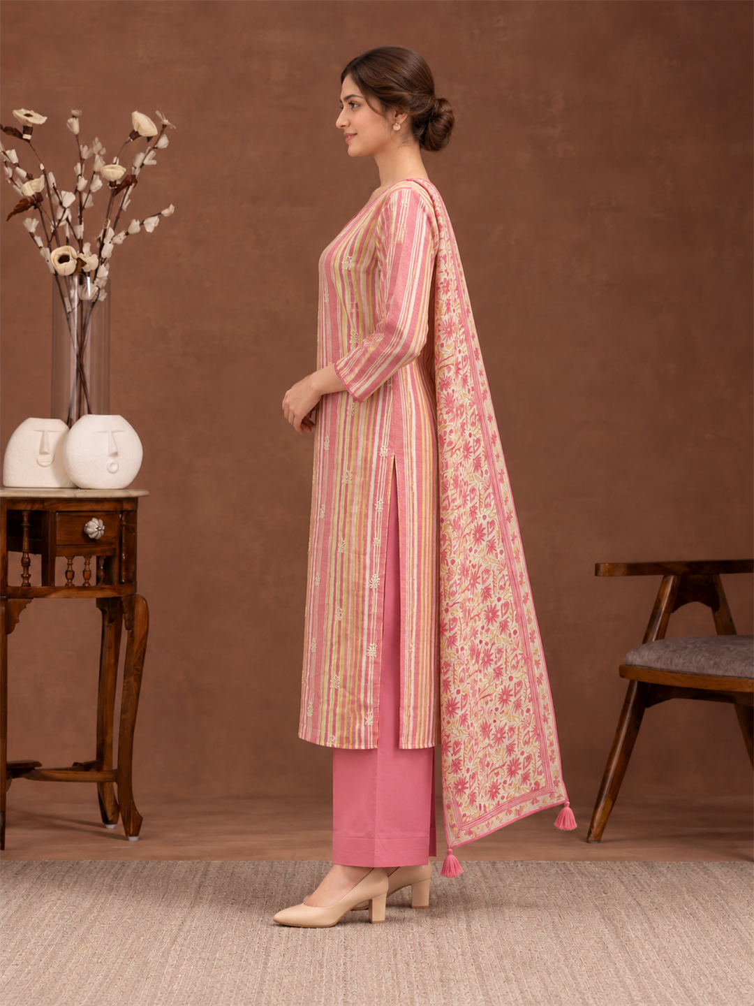 Rose Pink Striped Linen Suit Set with Floral Dupatta