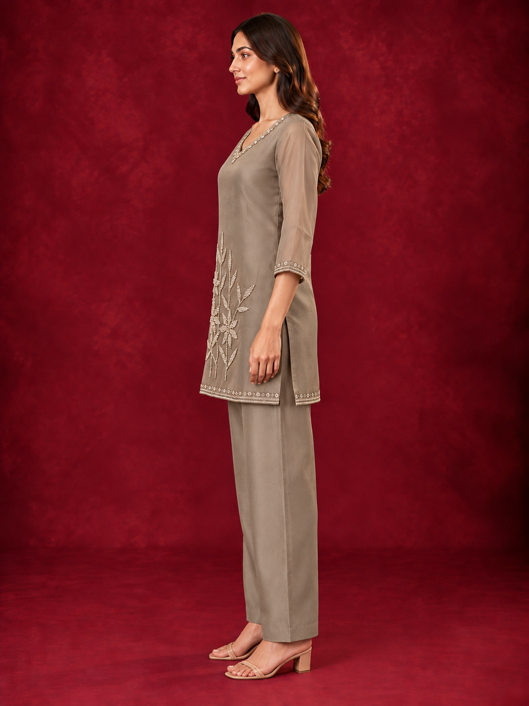 Taupe Brown Mul Chanderi Floral Embroidered Straight Kurta Set