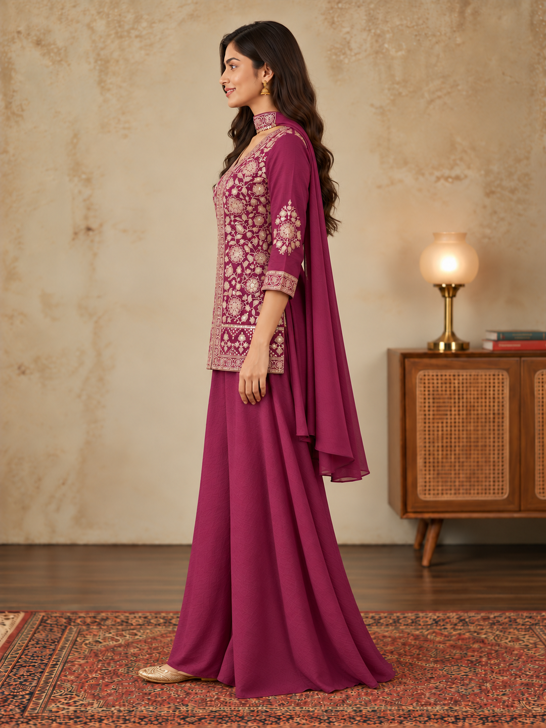 Wine Pure Silk Embroidered Kurta Sharara Set with Dupatta