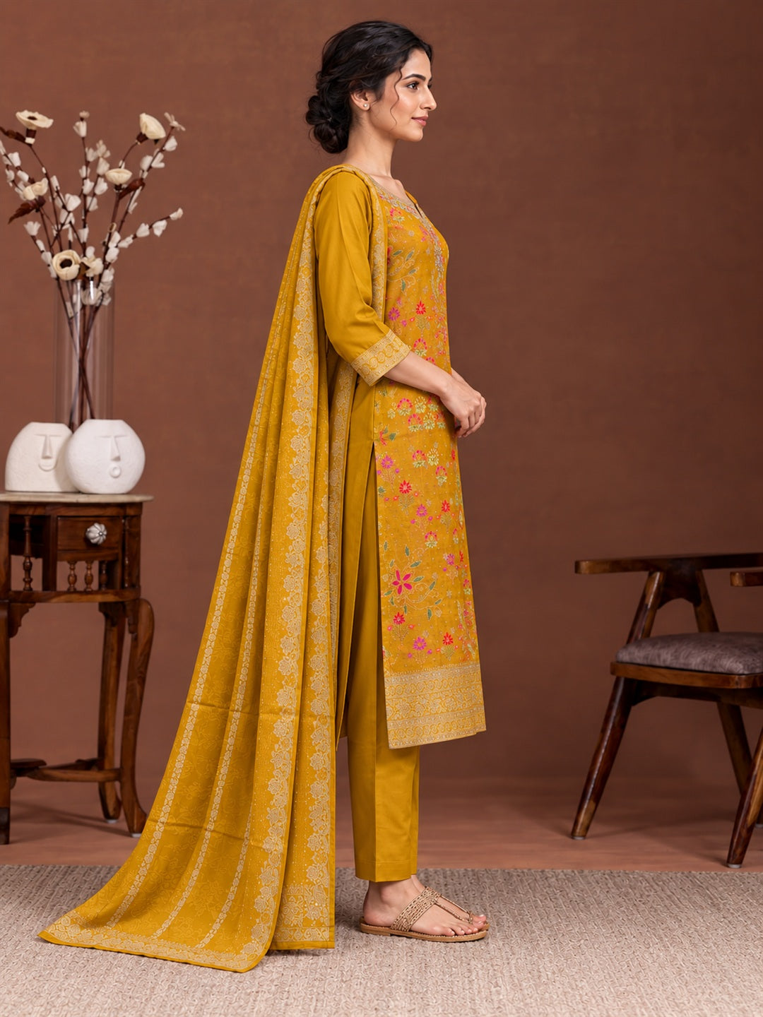 Mustard Floral Silk Blend Suit Set with Dupatta