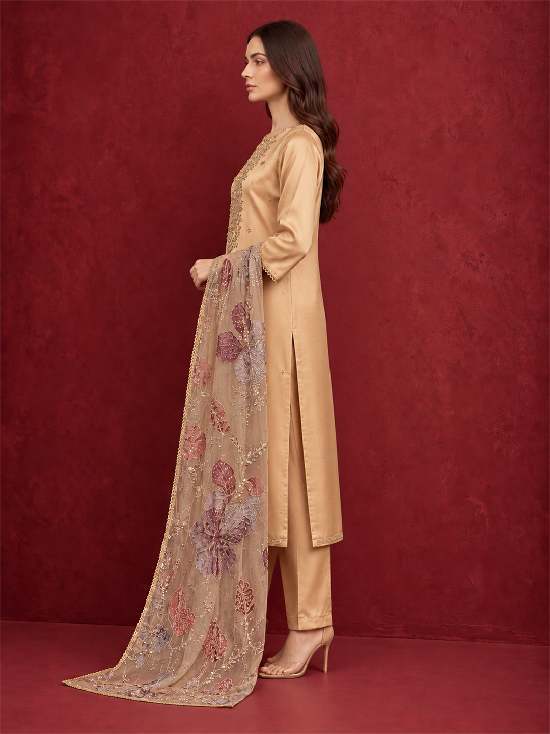 Champagne Gold Embroidered Pure Silk Suit Set