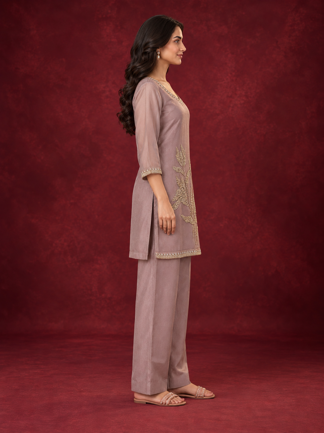 Dusty Mauve Mul Chanderi Floral Embroidered Straight Kurta Set