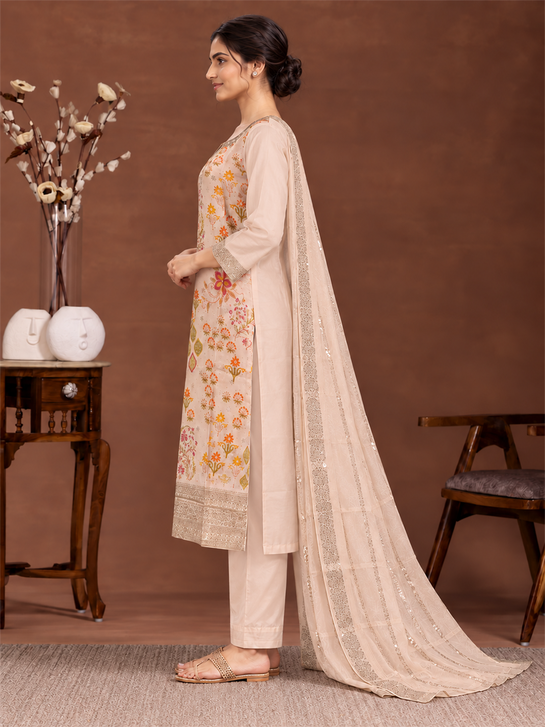 Peach Beige Floral Silk Blend Suit Set with Dupatta