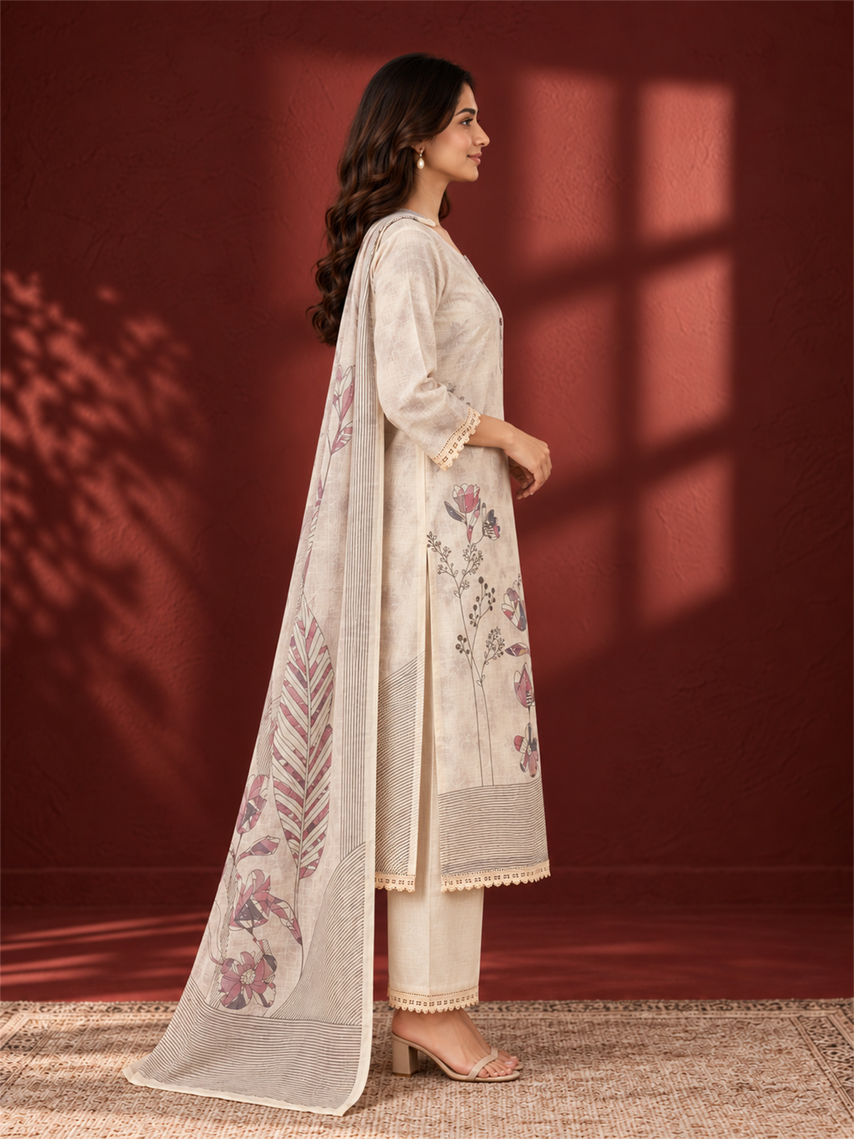 Ivory Cream Floral Printed Mul Chanderi Kurta Set with Dupatta