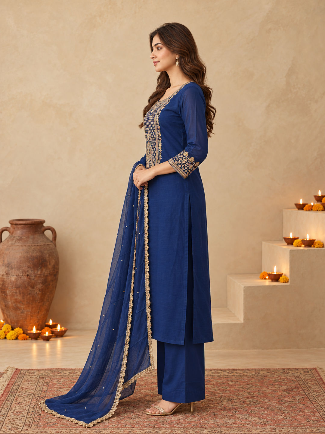 Royal Blue Silk Blend Golden Embroidered Kurta Trouser Set with Dupatta & Inner