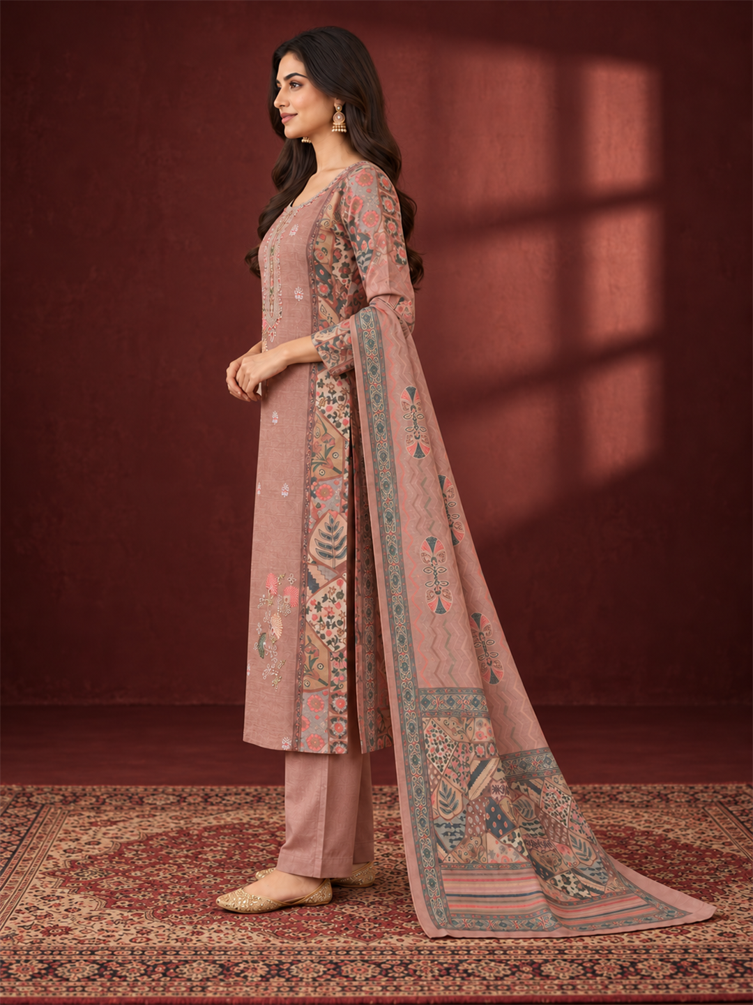 Dusty Rose Pink Floral Embroidered Mul Chanderi Straight Kurta Trouser Set with Printed Dupatta