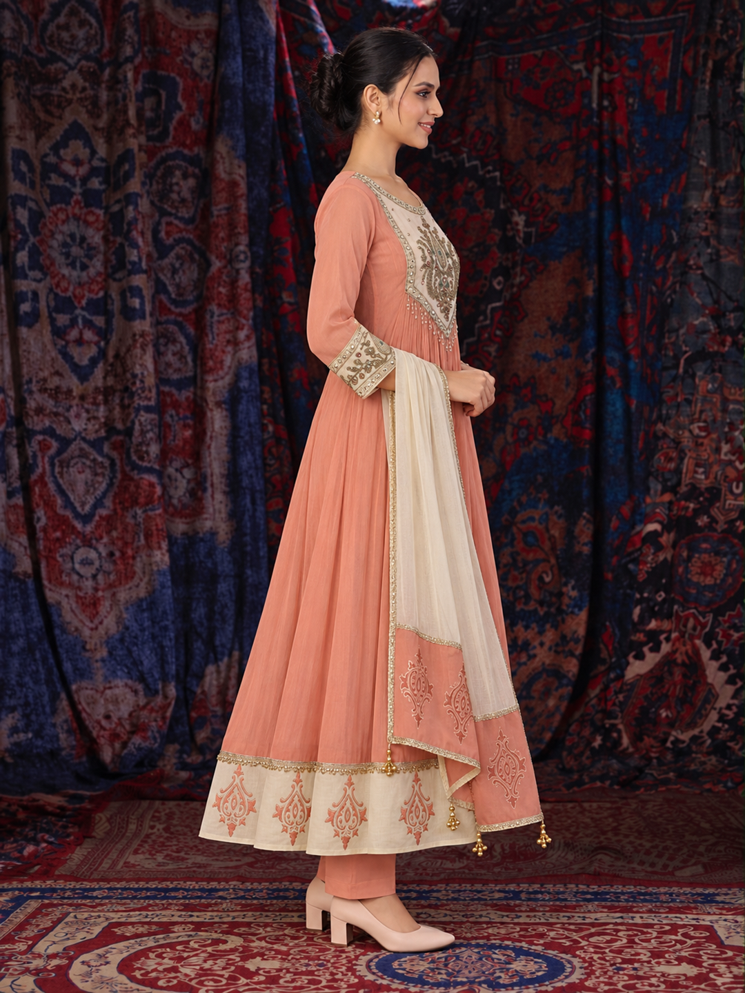 Peach Mul Chanderi Anarkali Suit Set with Embroidered Neckline and Dupatta