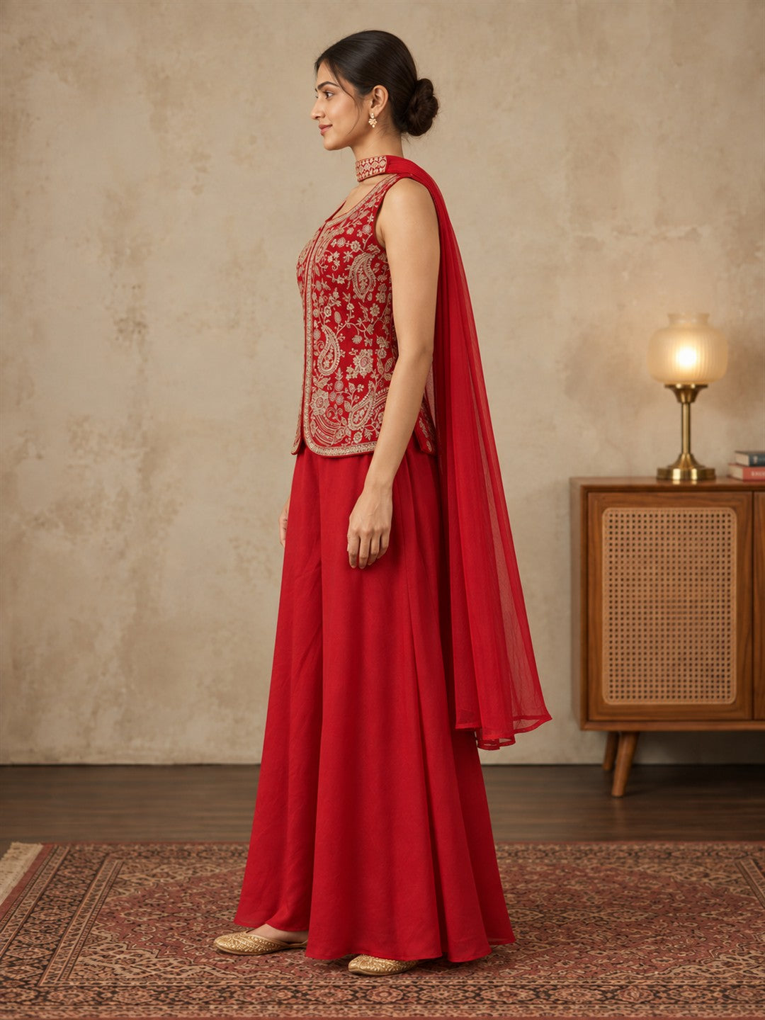 Red Embroidered Silk Sharara Set with Cape Dupatta