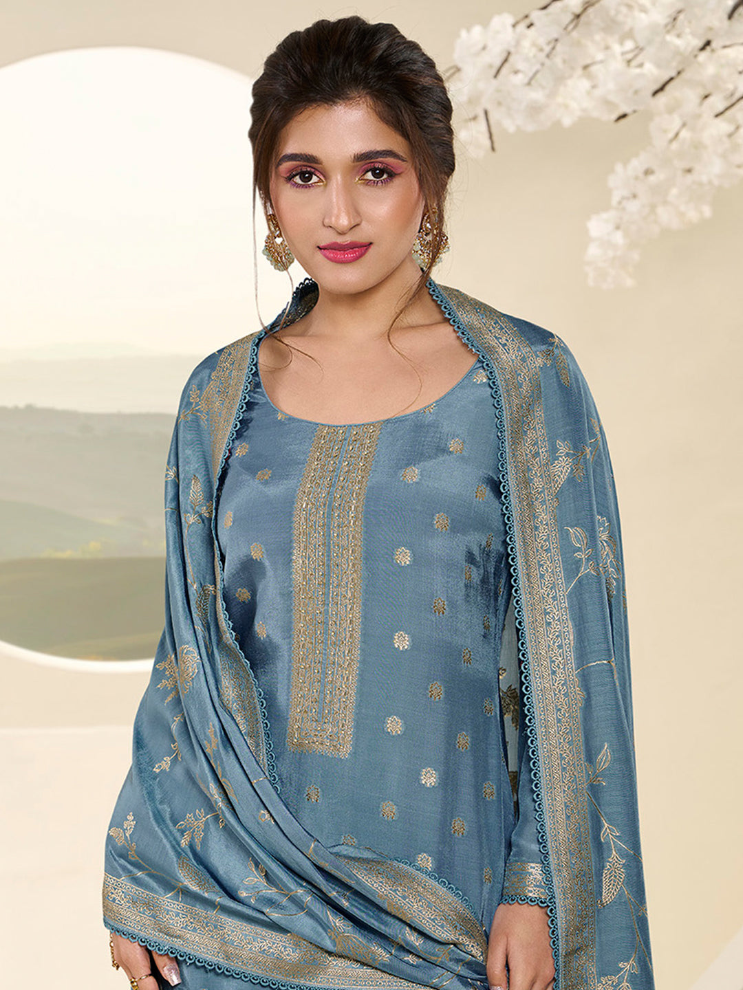 Sky Blue Muslin Jacquard Kurta Suit Set with Champagne Thread Weave & Pencil Sketch Weave Yoke Product vendor