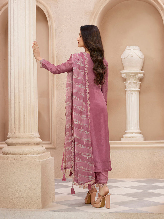 Dusty Rose Cutwork Neckline Dola Silk Kurta Suit Set with Lehariya Print Dupatta