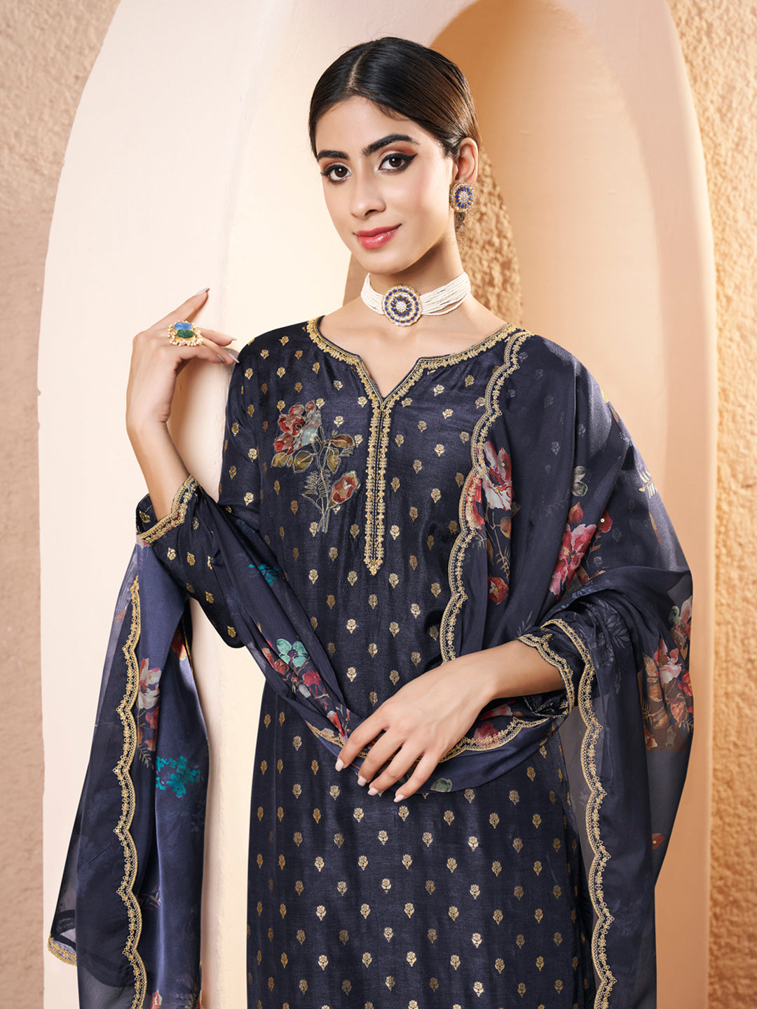Dark Blue Black Applique Jacquard Kurta with Floral Print Dupatta Product vendor