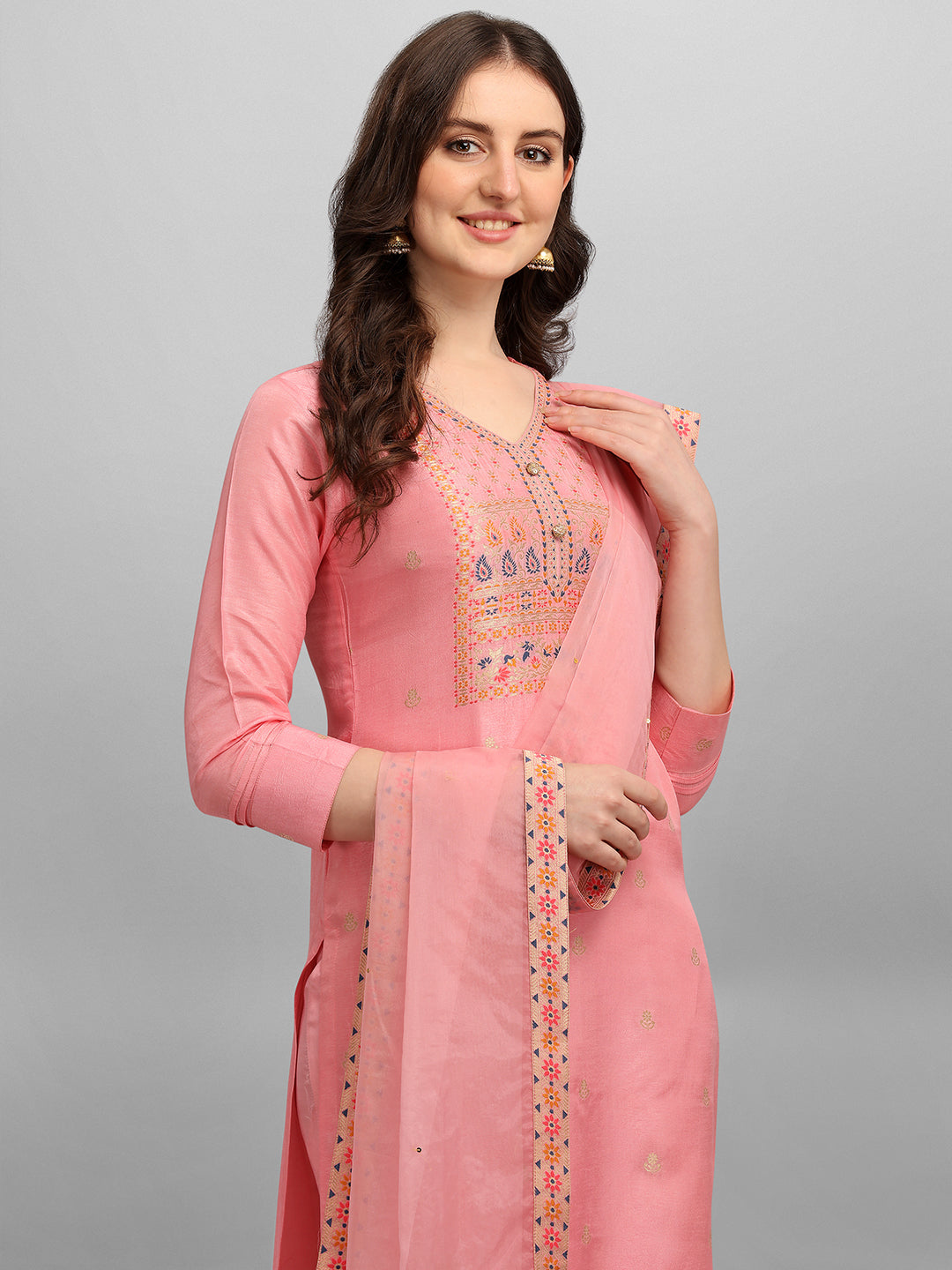 Peachish Pink Meena Jacquard Kurta Suit Set Product vendor