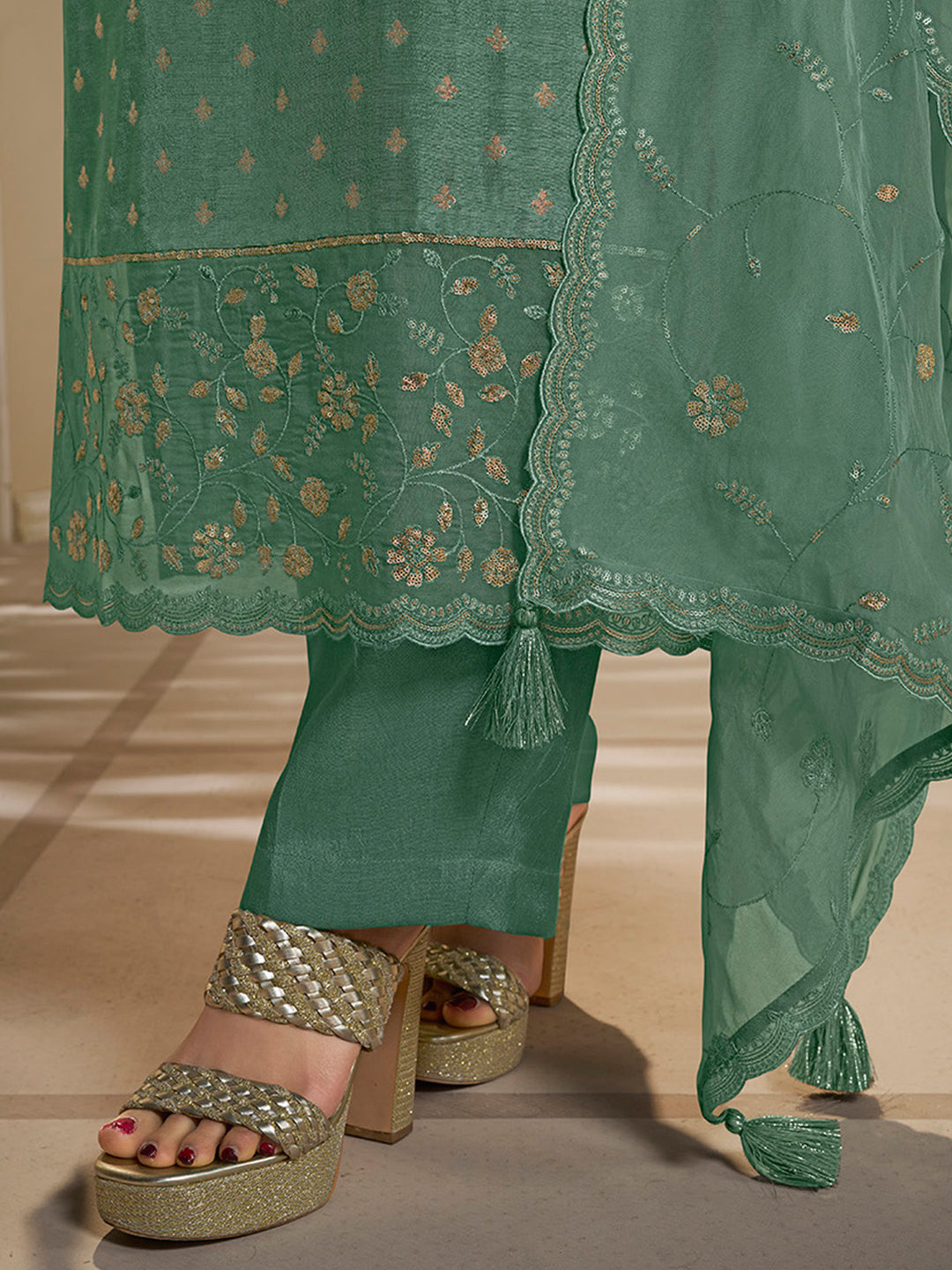 Green Dola Jacquard Kurta Suit Set with Embroidered with Thread & Sequins Work Product vendor