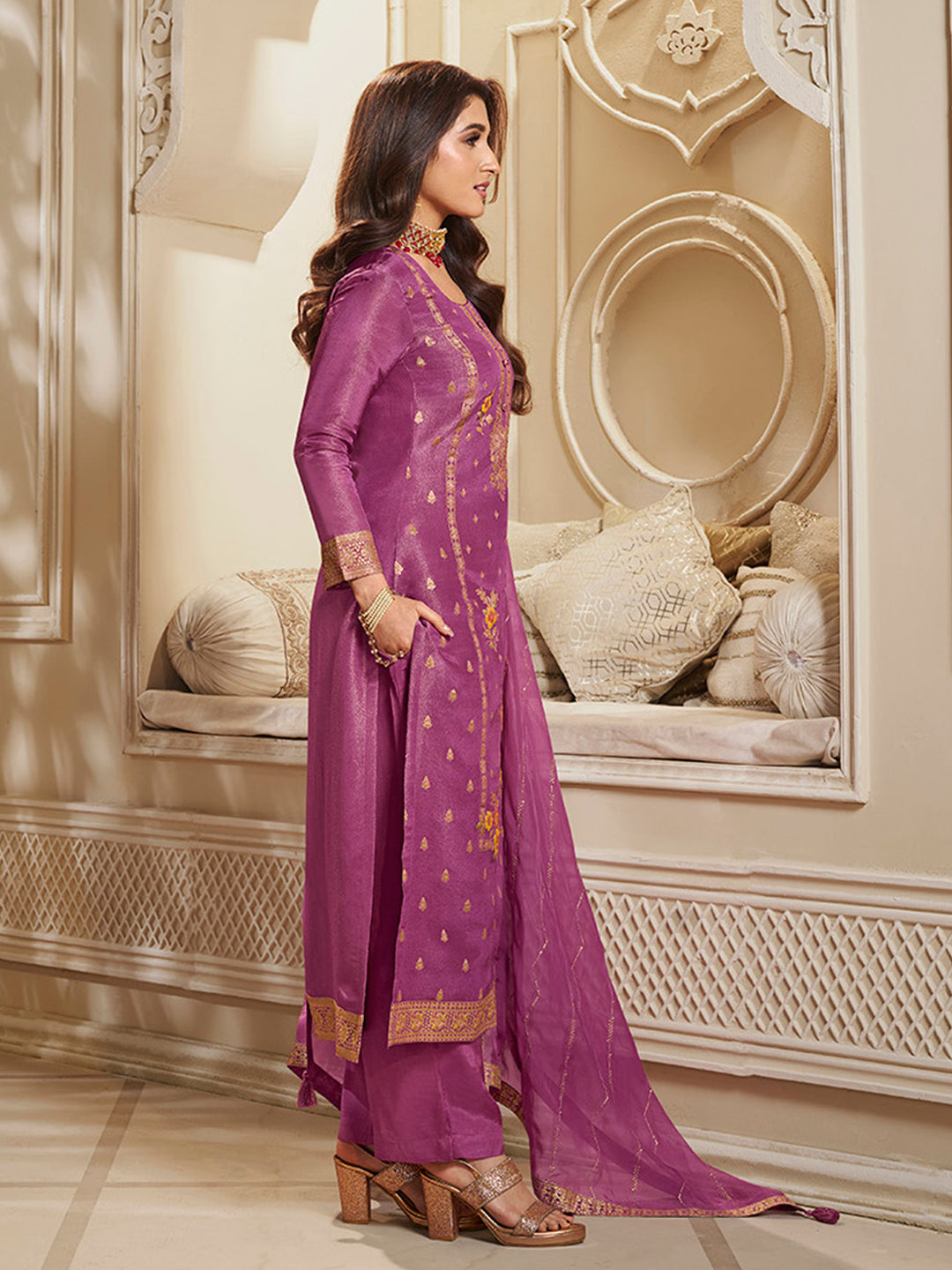 Pink Tissue Silk Meena Jacquard Designer Panel Work Kurta Suit Set Product vendor