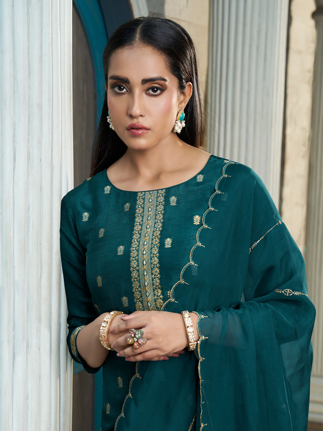 Dark Teal Green Placement-Weave Dola Silk Kurta Suit Set