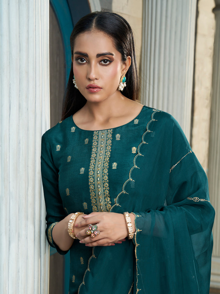 Dark Teal Green Exquisite Placement Weaving kurta Suit Set Product vendor