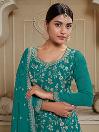 Turqouise Floral Pattern, Thread & Sequins Embroidered Sharara Suit Set Product vendor