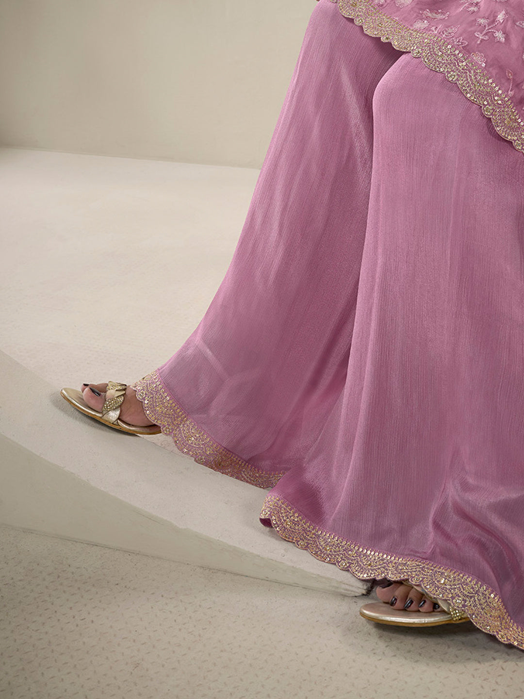 Pink Floral Pattern, Thread   with Sequins & Zari Embroidered Sharara Suit Set Product vendor