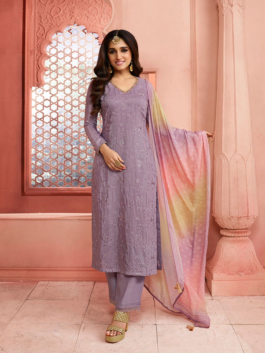 Lilac Full Jaal Thread Embroidery kurta Suit set with Bandhni Print Gradient Dupatta Product vendor