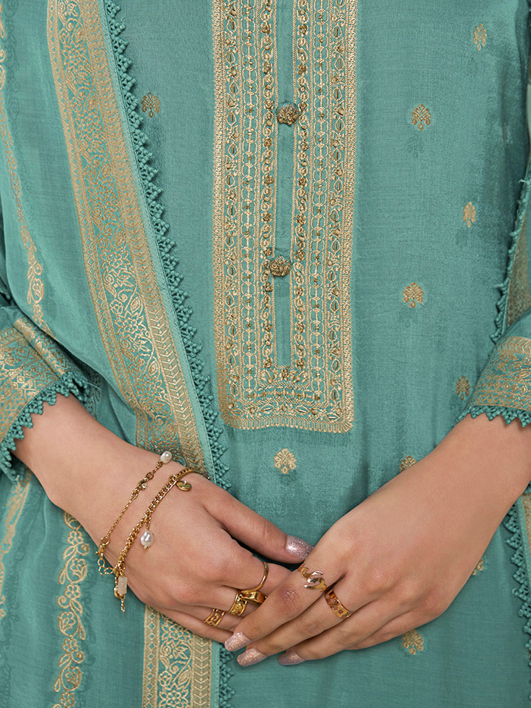 Sea Green Muslin Jacquard Kurta Suit Set with Champagne Thread Weave & Pencil Sketch Weave Yoke Product vendor