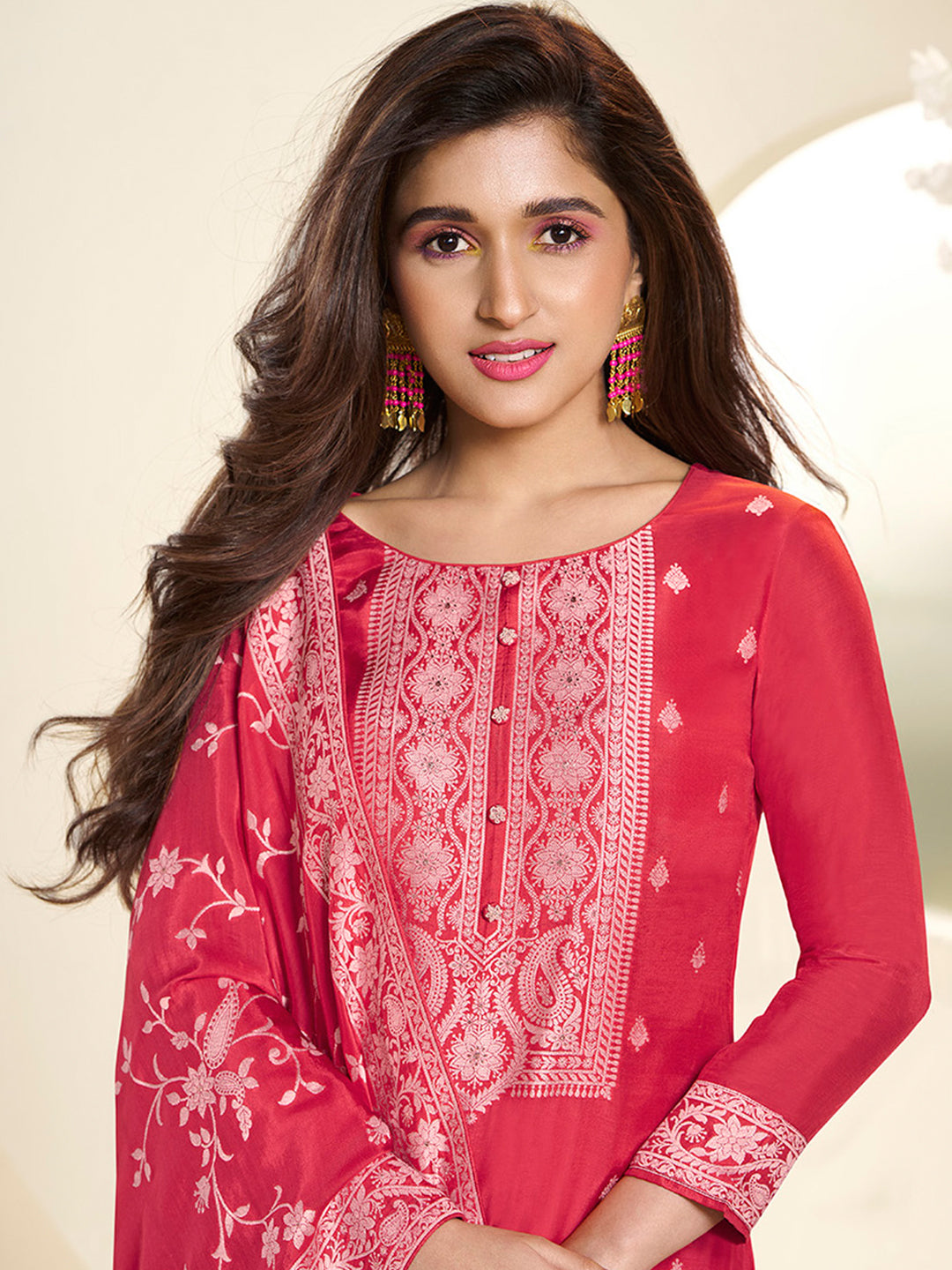 Muslin Jacquard Kurta Suit Set with White Thread Weave with Handcrafted Buttons Product vendor