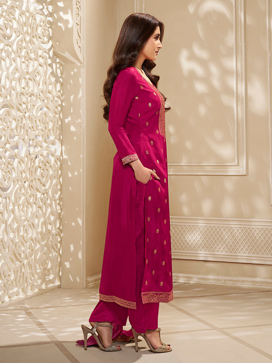 Dola Silk Jacquard Kurta With designer Yoke and handwork  with trousers and Dupatta Product vendor