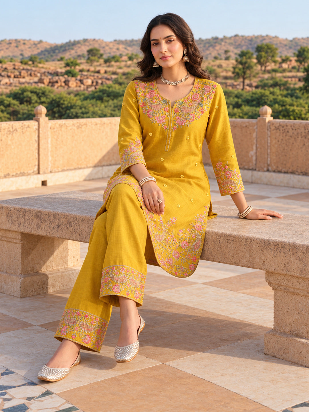 Mustard Mul Chanderi Embroidered Kurta Set