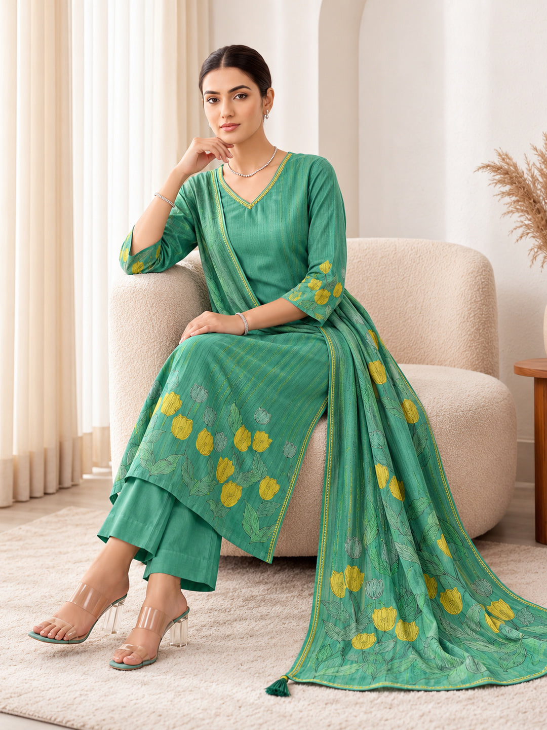 Emerald Light Green Silk Blend Kurta Set with Floral Dupatta