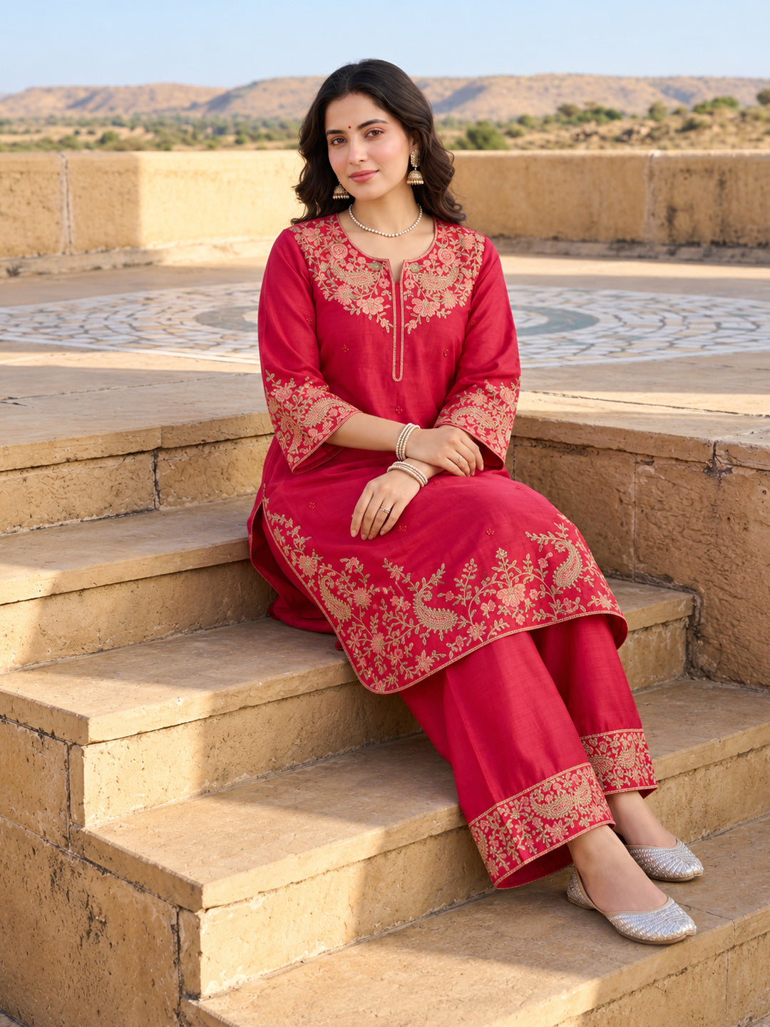 Pink Mul Chanderi Embroidered Kurta Set