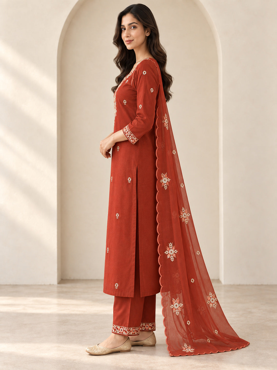 Brown Embroidered Kurta Pant Set with Dupatta