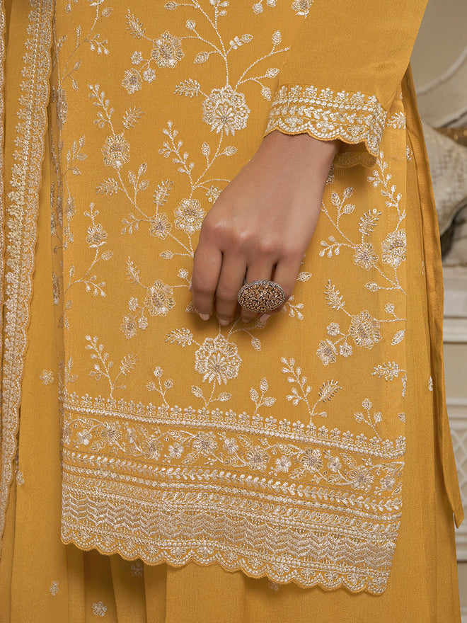 Yellow Floral Pattern, Thread & Sequins Embroidered Sharara Suit Set Product vendor