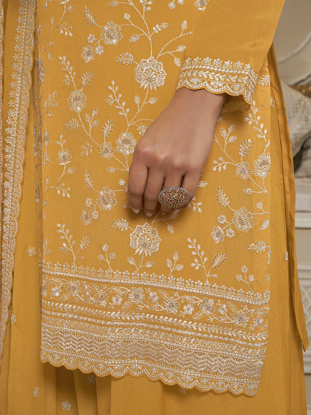 Yellow Floral Pattern, Thread & Sequins Embroidered Sharara Suit Set Product vendor