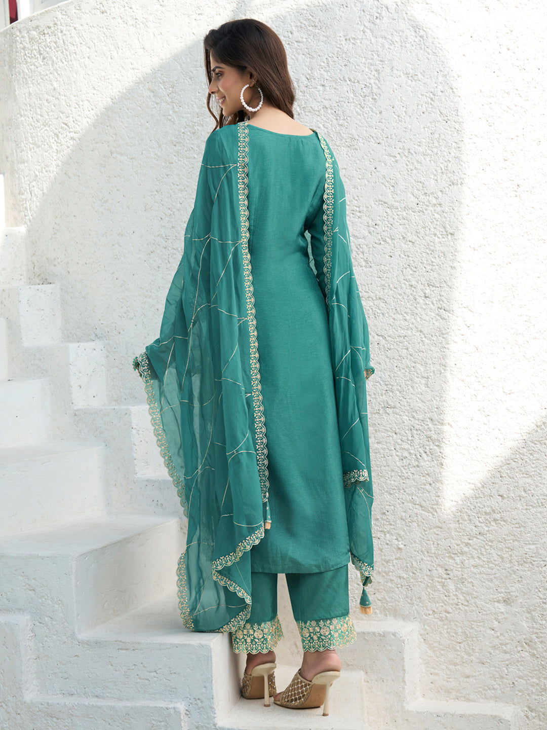 Floral + Geometric thread work & Hanging Pearl on Daman Kurta With Straight Pant & Dupatta Product vendor