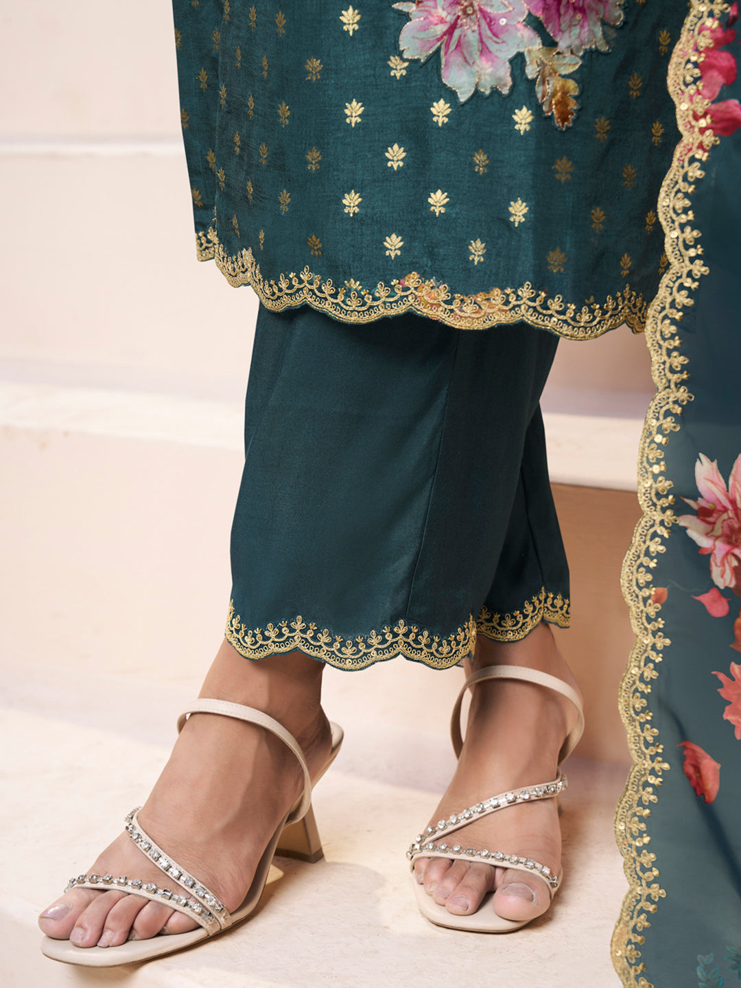 Dark Teal Green Applique Jacquard Kurta with Floral Print Dupatta Product vendor