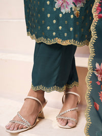 Dark Teal Green Applique Jacquard Kurta Set with Floral Print Dupatta