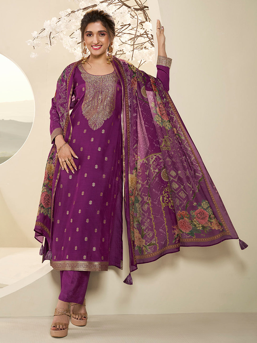 Muslin Jacquard Kurta Suit Set with Pencil Sketch Weave Handwork on Yoke Product vendor