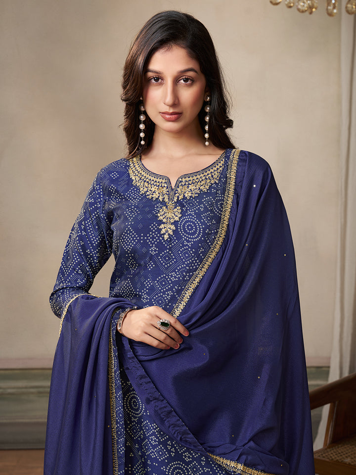 Royal Blue Kurta Set in Dola Bandhni Printed with Embroidery