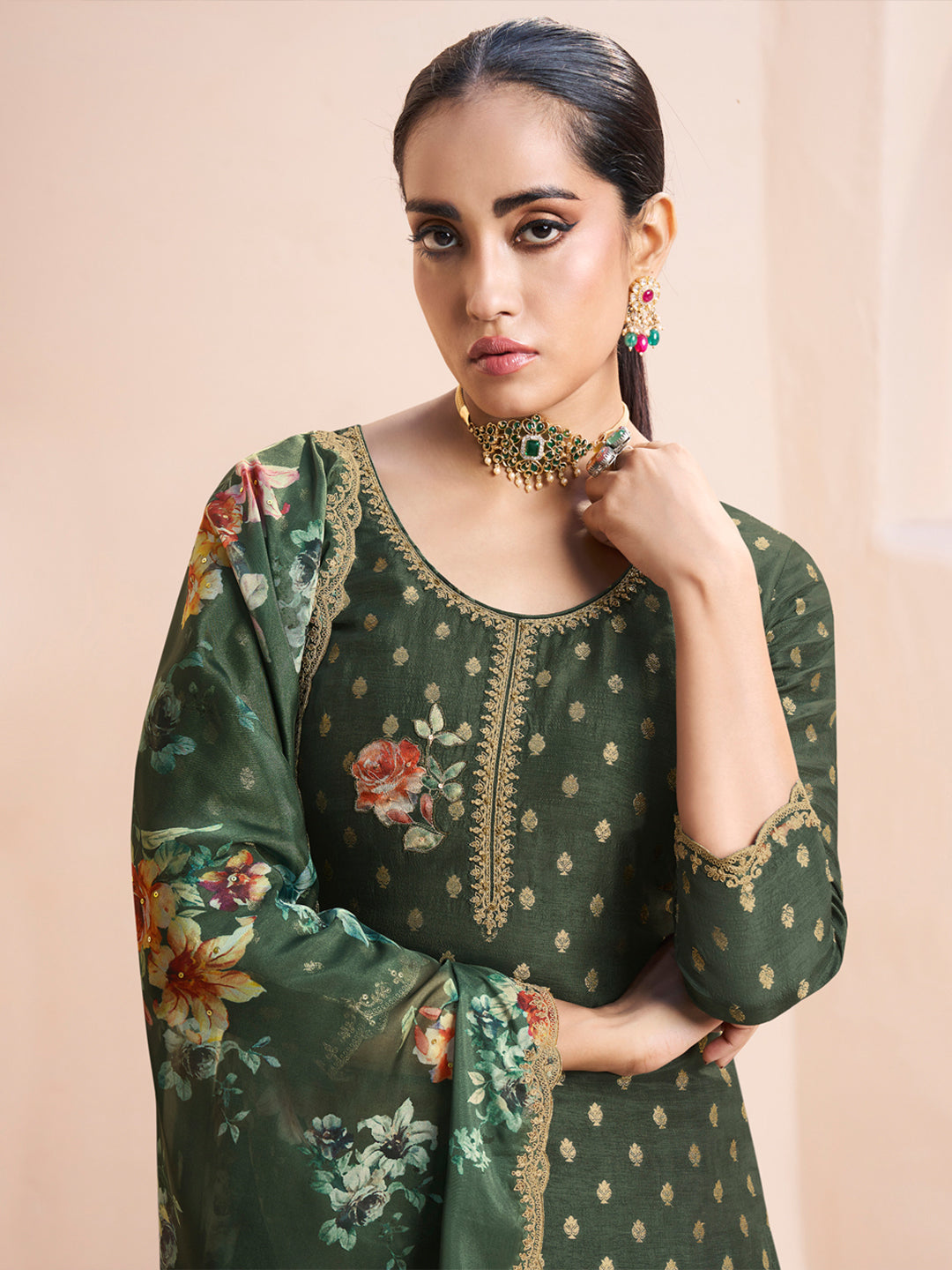 Dark Olive Green Applique Jacquard Kurta with Floral Print Dupatta Product vendor