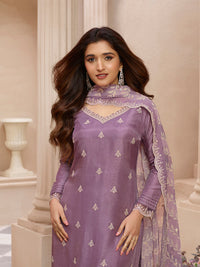 Dusty Lavender Cutwork Neckline Dola Silk Kurta Suit Set with Lehariya Print Dupatta
