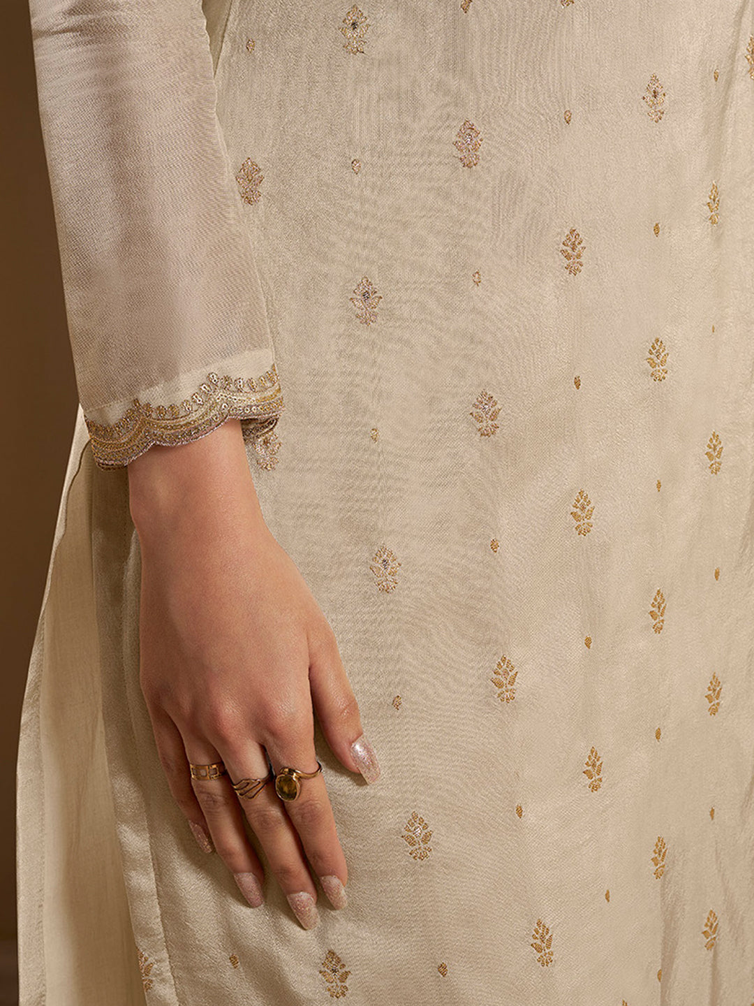 Off White Dola Jacquard Kurta Suit Set with Embroidered with Thread & Sequins Work Product vendor