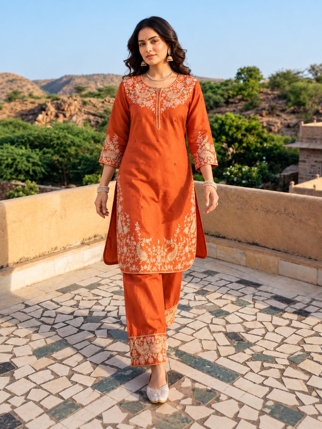 Rust Orange Mul Chanderi Embroidered Kurta Set