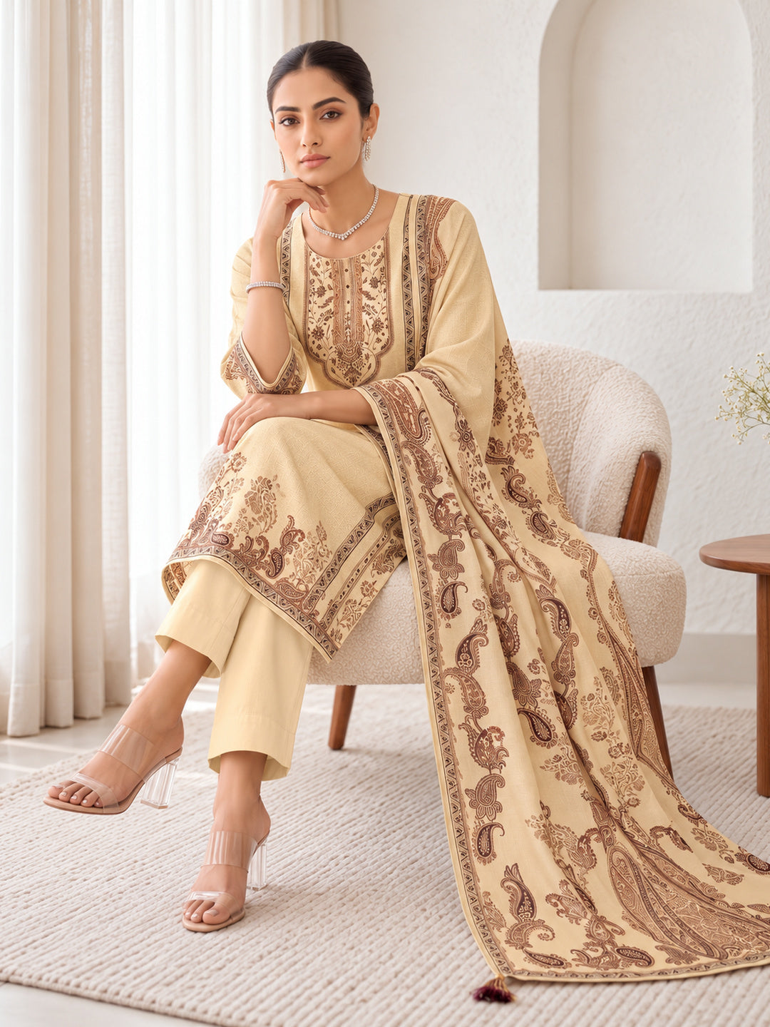 Ivory Silk Blend Printed Kurta Pant Set with Dupatta