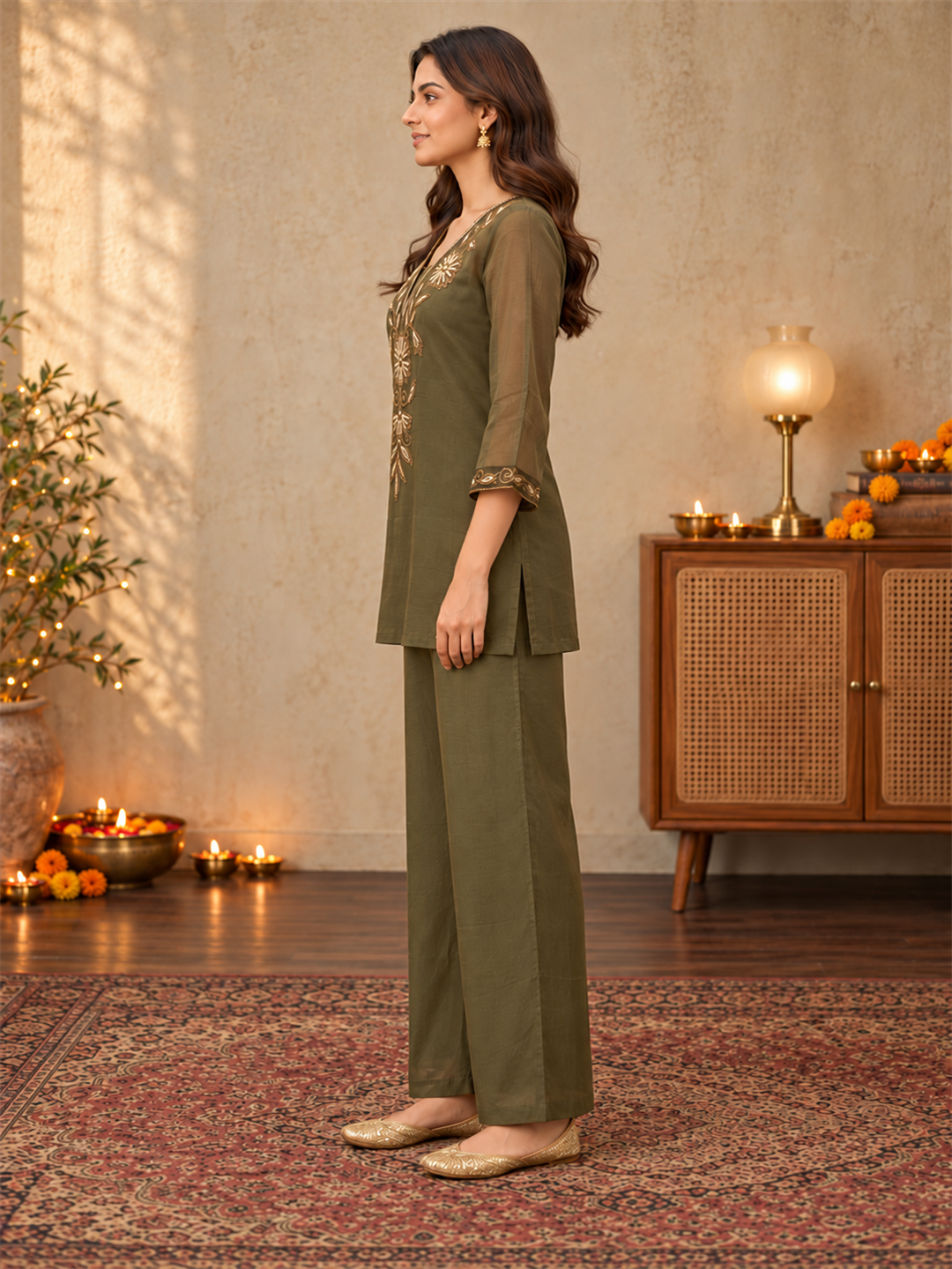 Olive Green Mul Chanderi Embroidered Kurta Palazzo Set