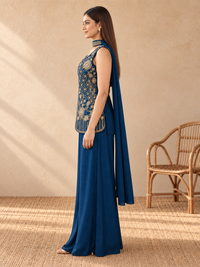 Royal Blue Pure Silk Embroidered Indo-Western Sharara Set