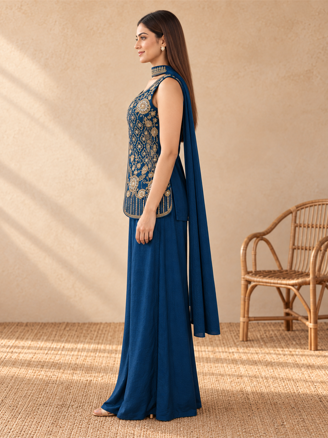 Royal Blue Pure Silk Embroidered Indo-Western Sharara Set
