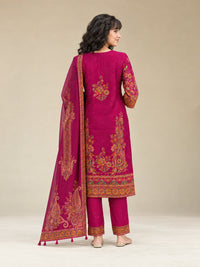 Women Rani-Pink Floral Embroidered Cotton-Silk Kurta with Trousers & With Dupatta