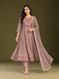 Mauve Embroidered Chanderi-Silk Anarkali Set with Dupatta