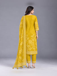 Yellow Floral Printed Cotton-Silk Kurta Set with Dupatta