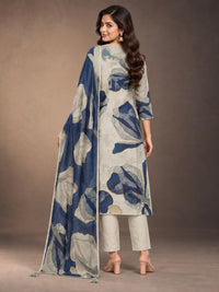 Women's Beige & Navy Blue Printed Kurta Set with Dupatta