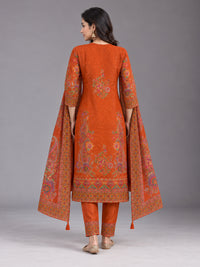 Rust Orange Floral Printed Cotton-Silk Kurta Set with Dupatta